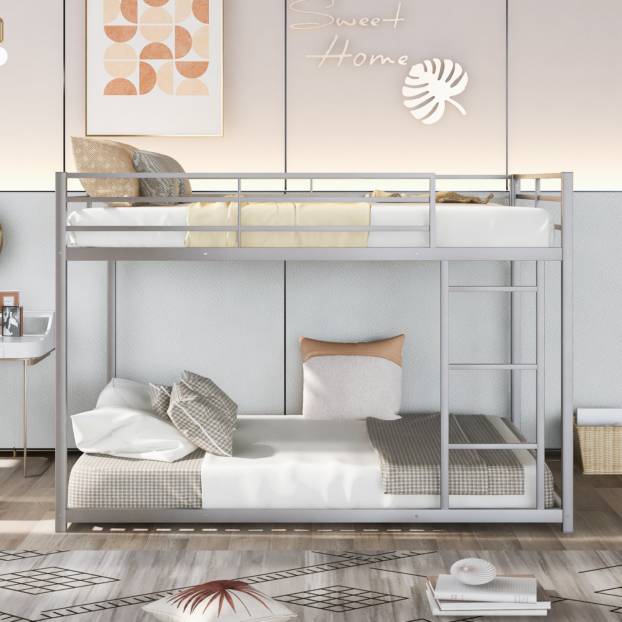 Full over Full Metal Bunk Bed, Low Bunk Bed with Ladder, Silver(Old SKU:MF197034AAN) - Atlantic Fine Furniture Melbourne FL