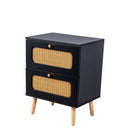 2 Drawer Rattan Nightstand For Bedroom And Living Room, End Table, Side Table With 2 Hand Made Rattan Decorated Drawers - Black