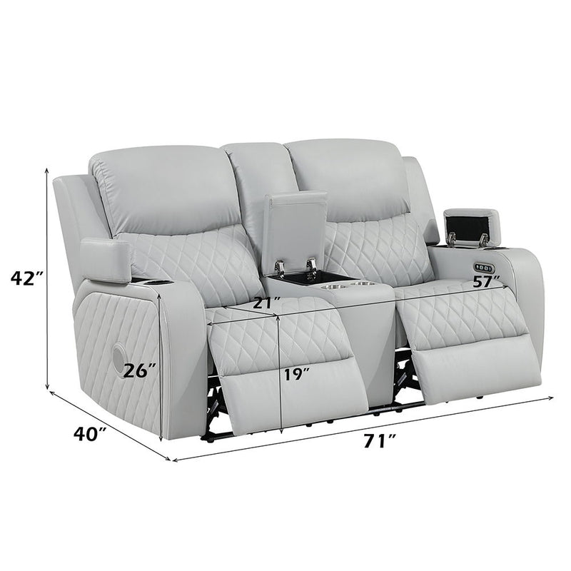 Elonzo - Power Motion Loveseat With Console, LED, Power Headrest & Speaker - Light Gray