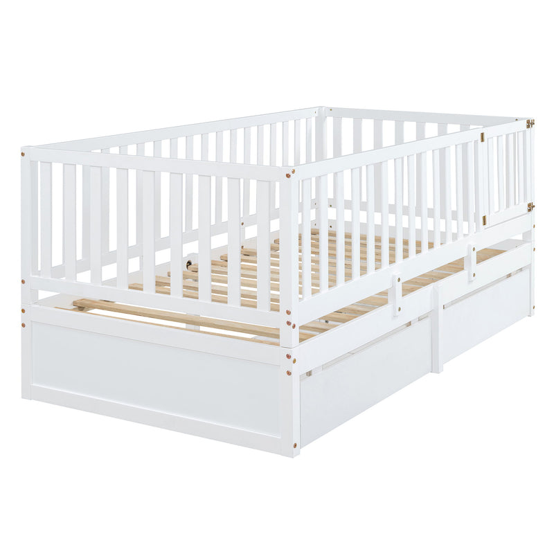 Daybed With Fence Guardrails And 2 Drawers, Split Into Independent Floor Bed & Daybed