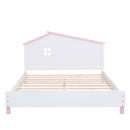 Full Size Wood Platform Bed with House-shaped Headboard  (White+Pink)