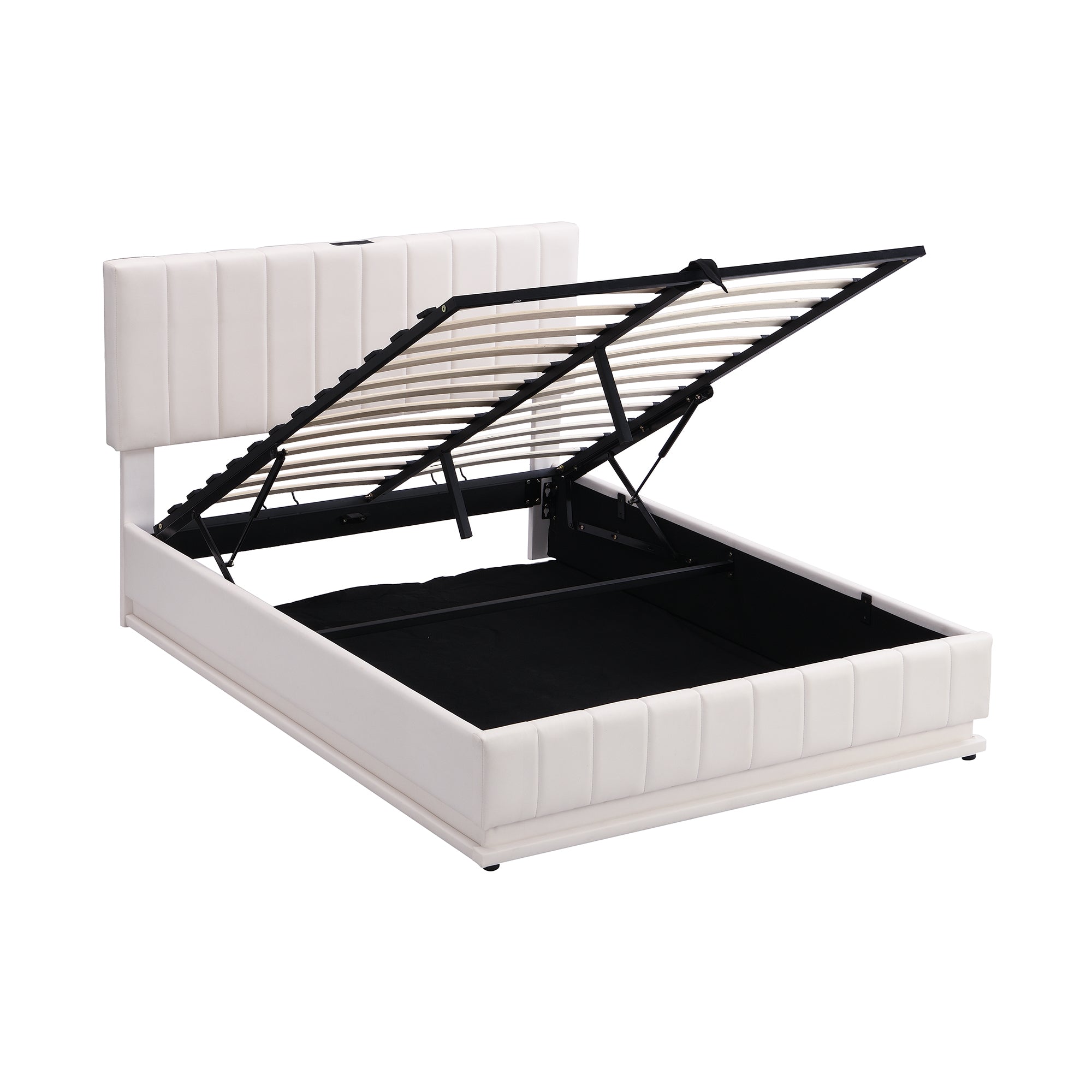 Full Size Upholstered Bed with Hydraulic Storage System and LED Light, Modern Platform Bed with Sockets and USB Ports, White - Atlantic Fine Furniture Melbourne FL