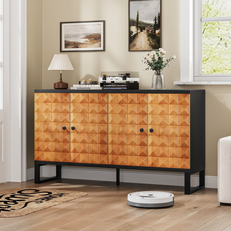 Modern Buffet Cabinet With Storage Space, Retro Style 4 Door Wooden Storage Cabinet, Multifunctional Decorative Cabinet With Geometric Patterns, Suitable For Living Room, Dining Room, Entrance - Orange / Yellow
