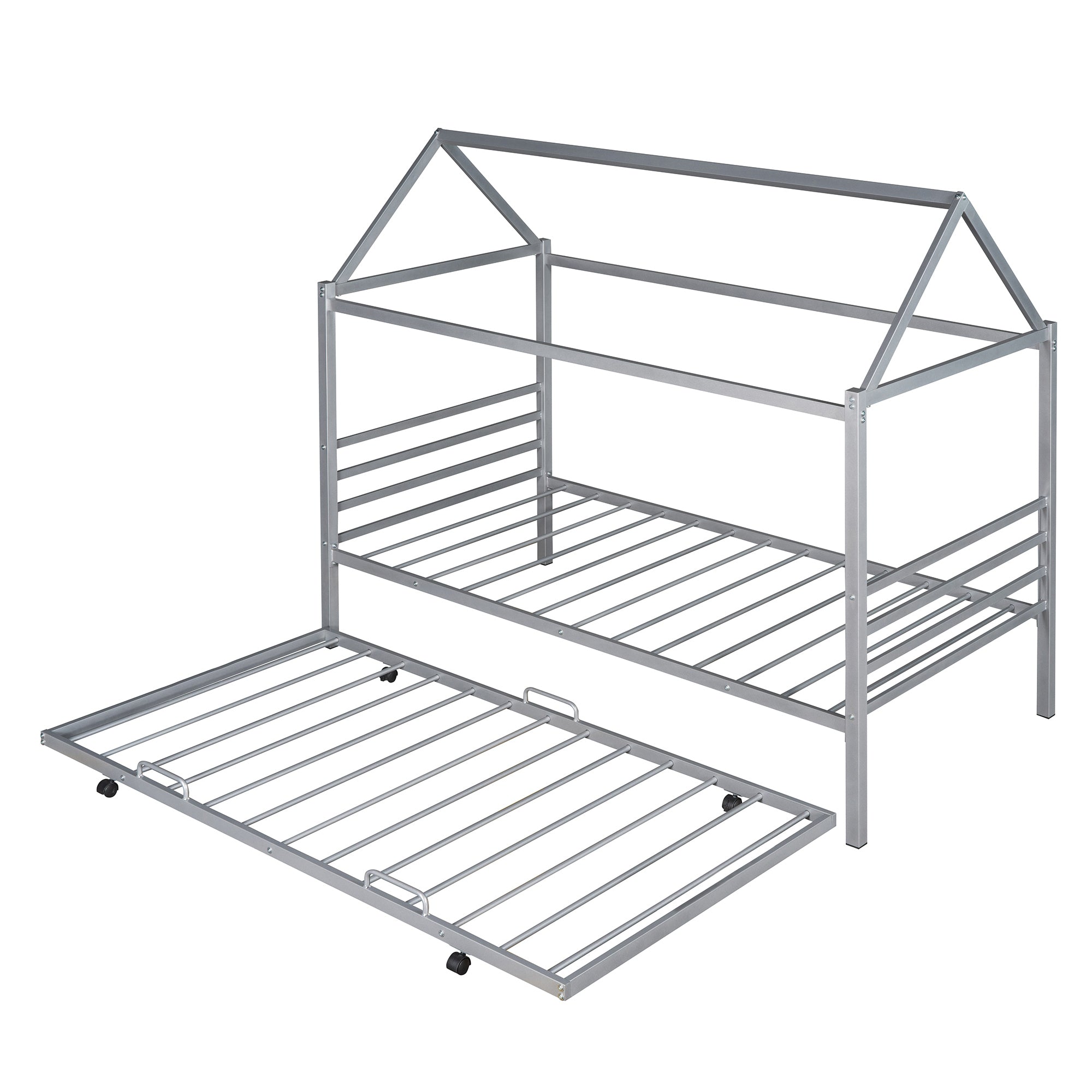 Twin Size Metal House Shape Platform Bed with Trundle,Silver - Atlantic Fine Furniture Melbourne FL