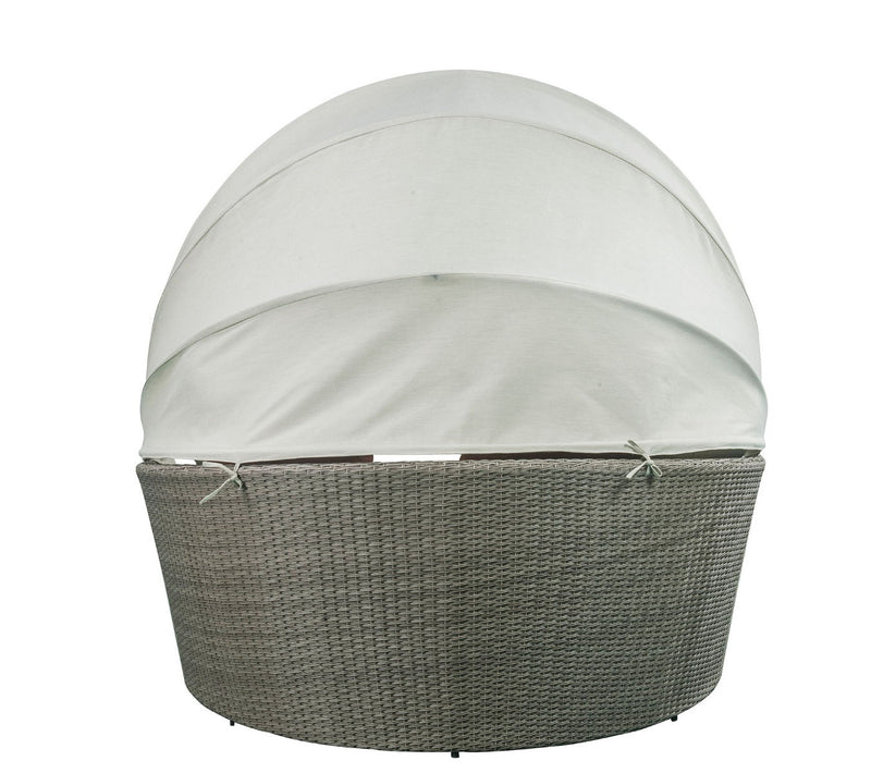 Salena - Patio Canopy Sofa With 4 Pillows & Ottoman - Beige Fabric & Gray Wicker