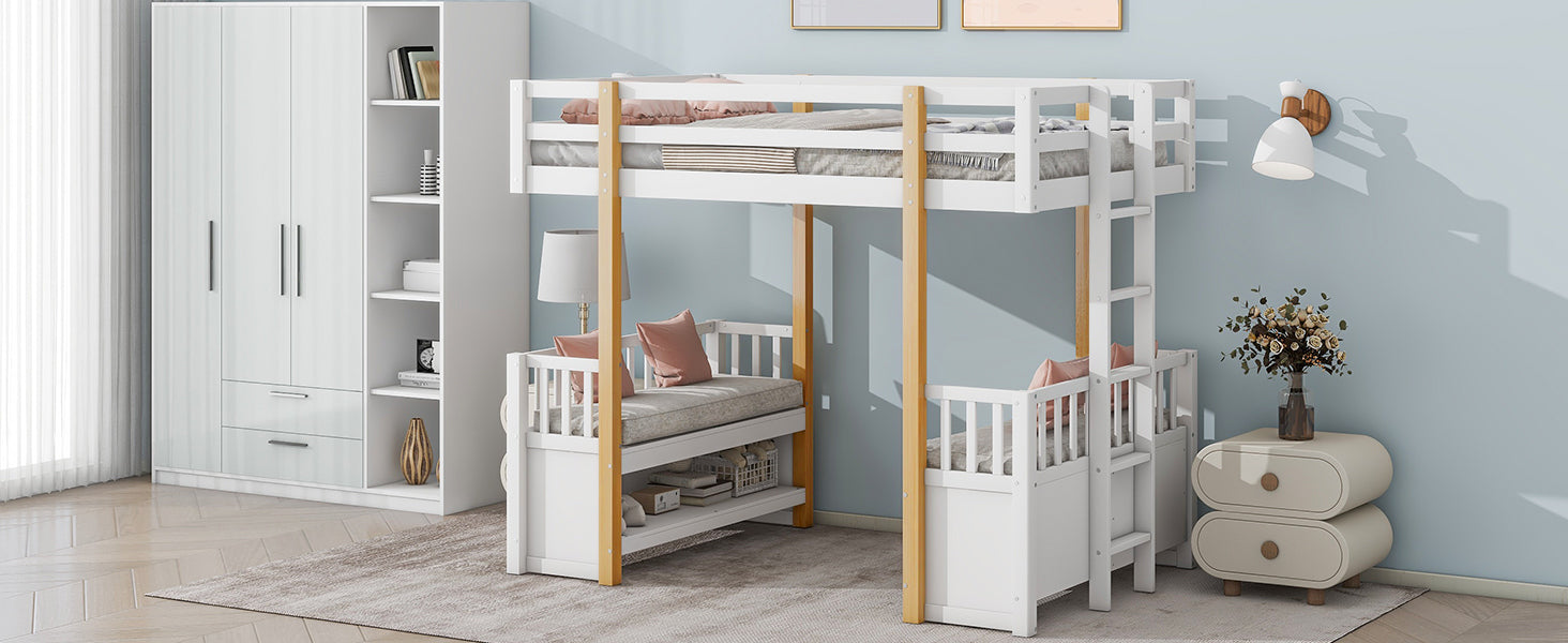 Wood Twin Size Loft Bed with 2 Seats and a Ladder, White - Atlantic Fine Furniture Melbourne FL