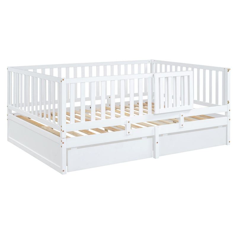 Daybed With Fence Guardrails And 2 Drawers, Split Into Independent Floor Bed & Daybed