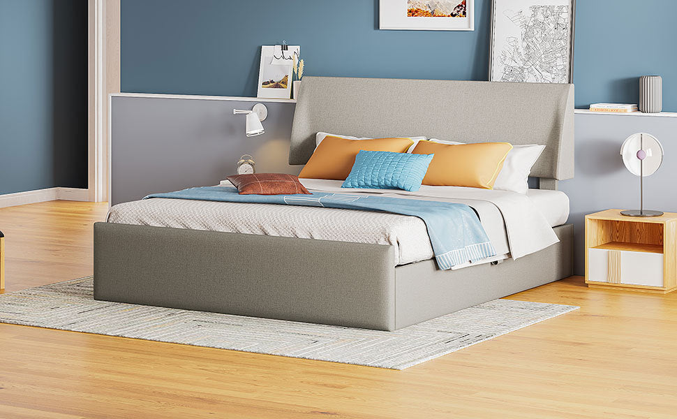 Queen Size Sleigh Bed with Side-Tilt Hydraulic Storage System, Linen Upholstery, Gray - Atlantic Fine Furniture Melbourne FL