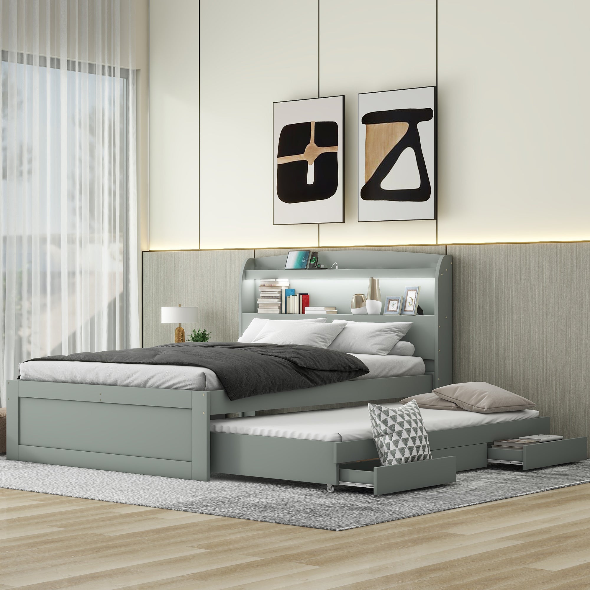 Full XL Size Platform Bed with Storage LED Headboard, Charging Station, Twin Size Trundle and 2 Drawers, Gray - Atlantic Fine Furniture Melbourne FL