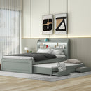 Full XL Size Platform Bed with Storage LED Headboard, Charging Station, Twin Size Trundle and 2 Drawers, Gray