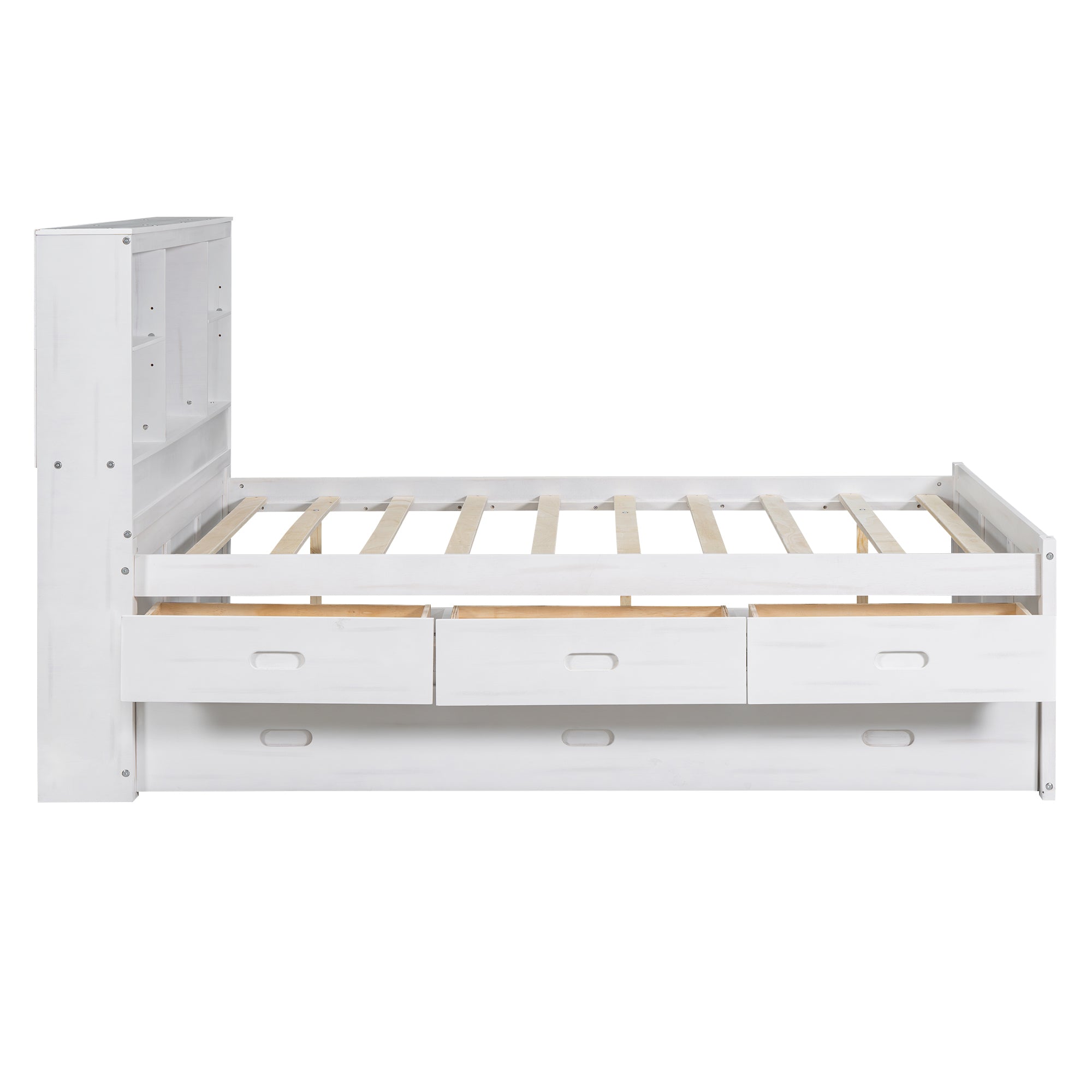 Full Size Platform Bed with Storage Headboard, Charging Station, Twin Size Trundle and 3 Drawers, Antique White - Atlantic Fine Furniture Melbourne FL