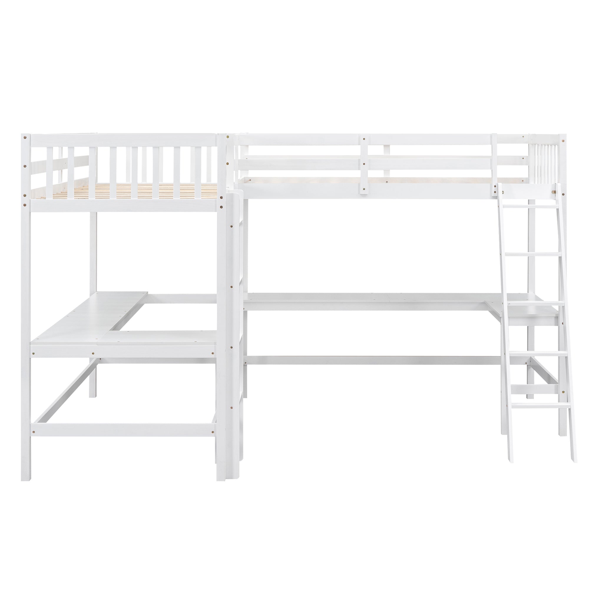Wood Twin Size L-Shaped Loft Bed with Ladder and 2 Built-in L-Shaped Desks, White - Atlantic Fine Furniture Melbourne FL