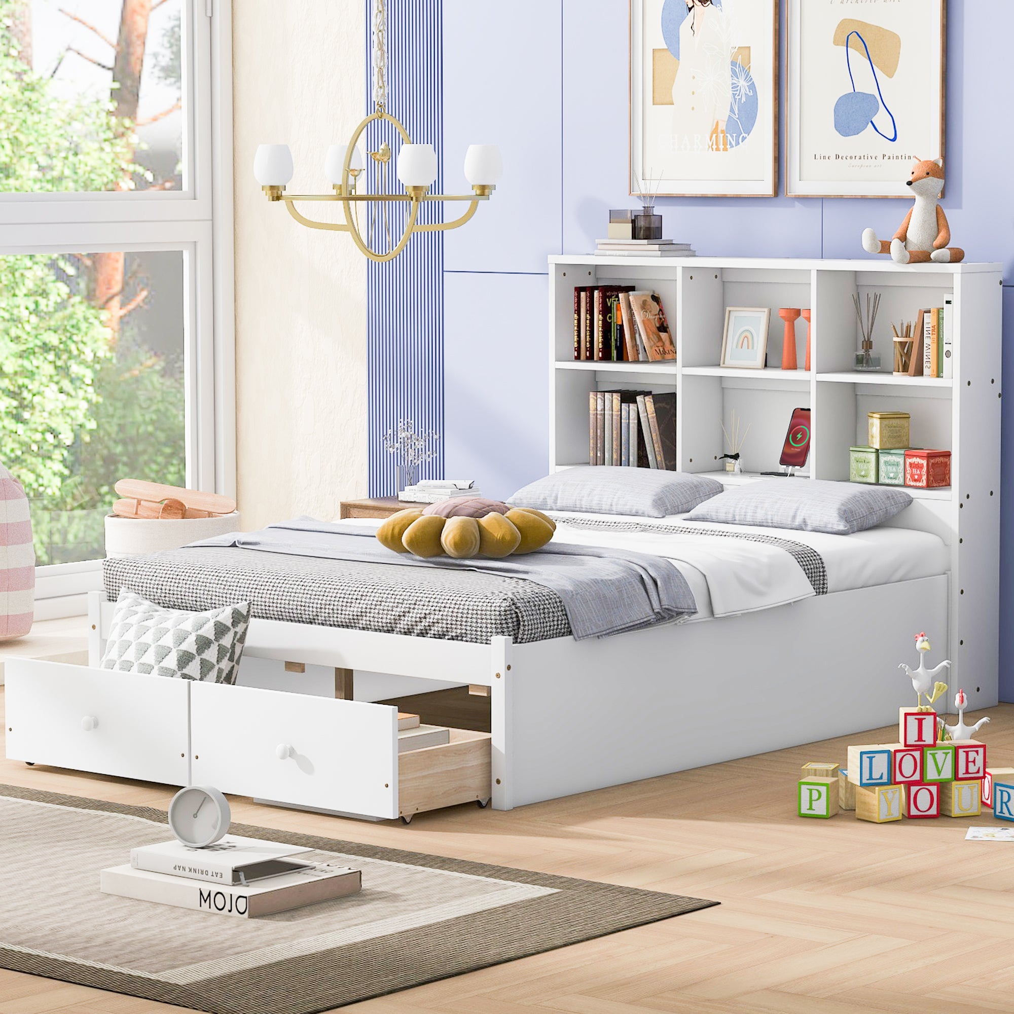 Full Size Platform Bed with Storage Headboard, Charging Station and 2 Drawers, White - Atlantic Fine Furniture Melbourne FL