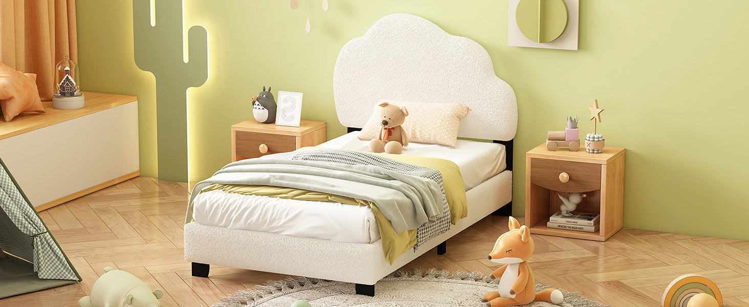 Twin Size Upholstered Boucle Fabric Platform Bed with Cloud-Shaped Headboard - Atlantic Fine Furniture Melbourne FL