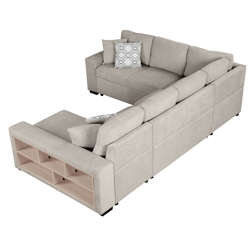 U-Shaped Sectional Sofa Pull-Out Sofa Bed With Two USB Ports, A Storage Chaise Lounge And Four Back Pillows For Living Room