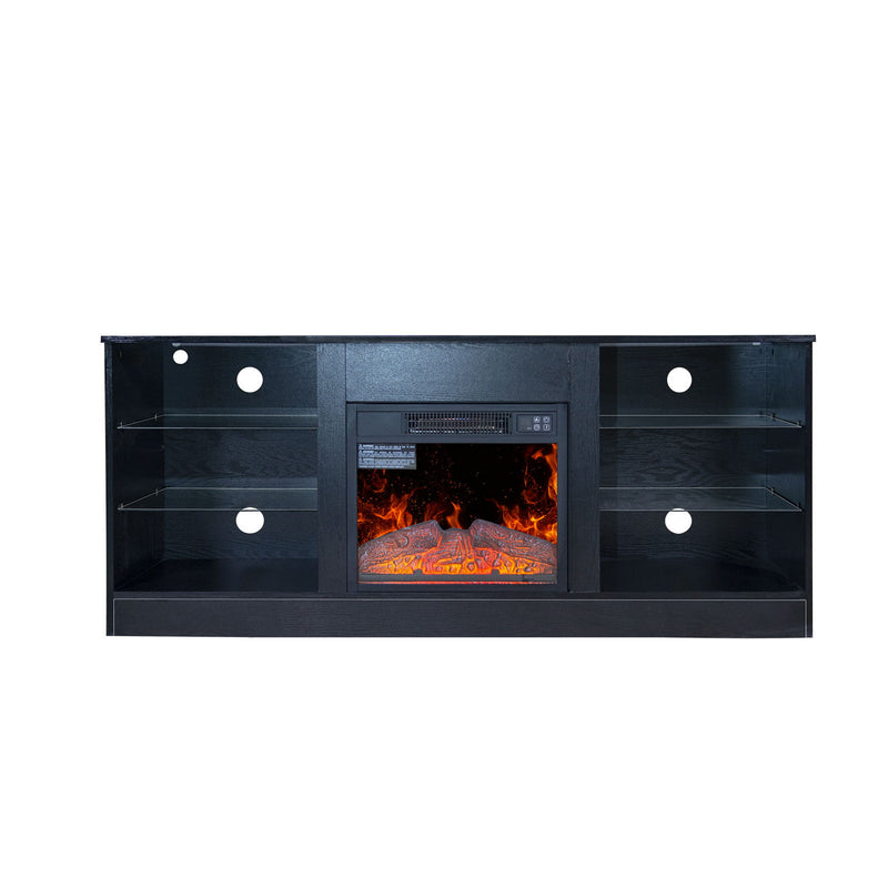 Fireplace TV Stand With 18" Electric Fireplace Heater, Modern Entertainment Center For TVs Up To 62" With Adjustable Glass Shelves And Storage Cabinets