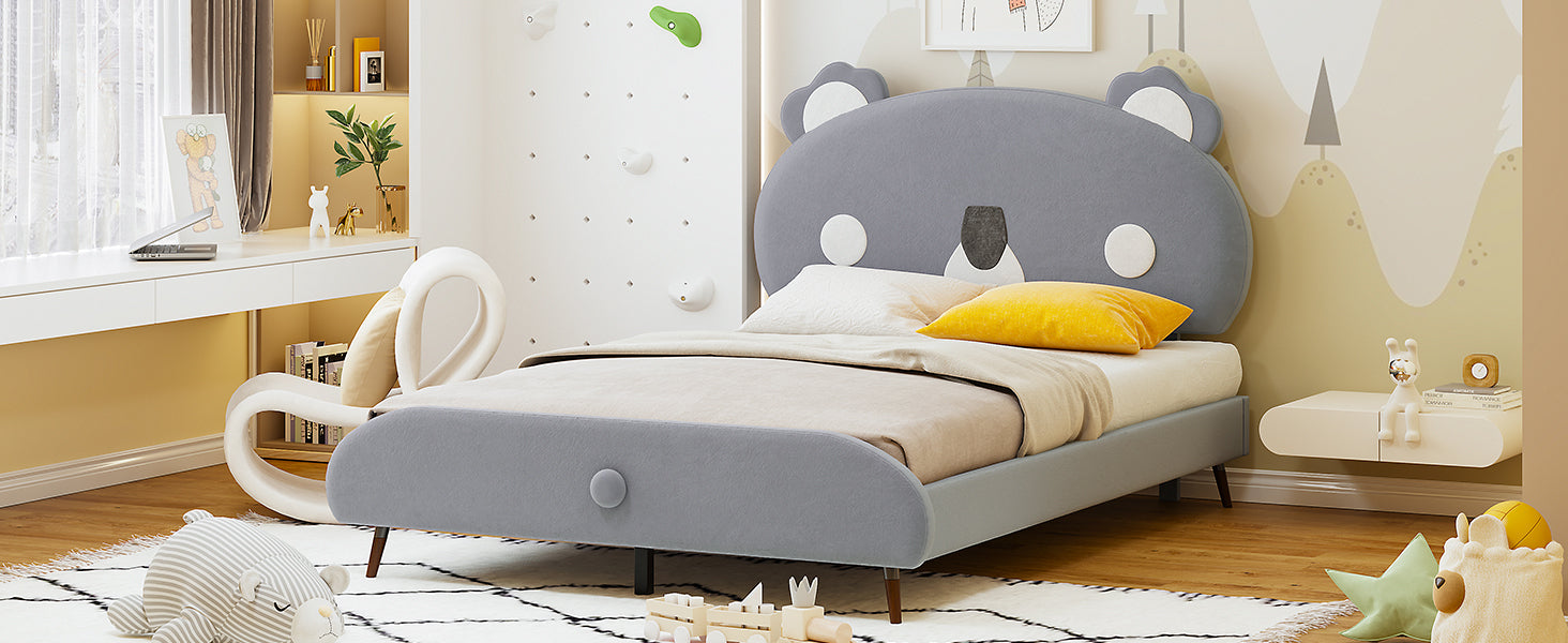Full Size Upholstered Platform Bed with Koala-Shaped Headboard, Gray - Atlantic Fine Furniture Melbourne FL