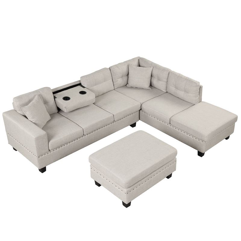 Modern Sectional Sofa With Storage Ottoman, L-Shape Couch With 2 Pillows And Cup Holder, Sectional Sofa With Reversible Chaise For Living Room