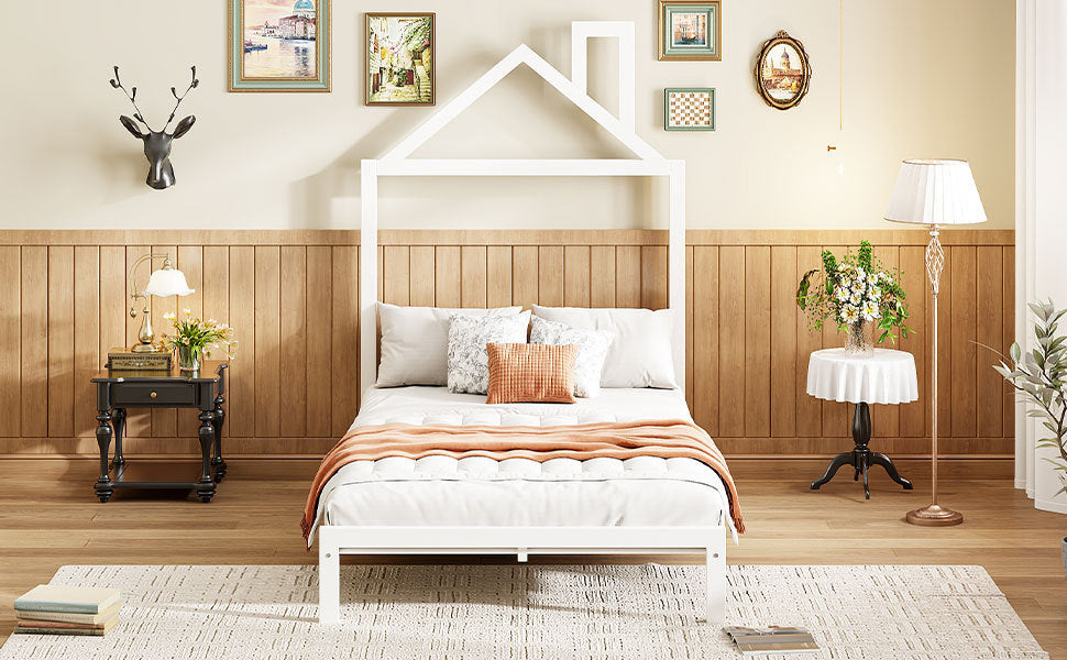 Twin Size Metal Platform Bed with House-Shaped Headboard Design, White - Atlantic Fine Furniture Melbourne FL