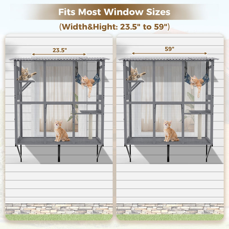 Large Walk In Outdoor Catio For Cats With Roof And 3 Access Doors - Gray