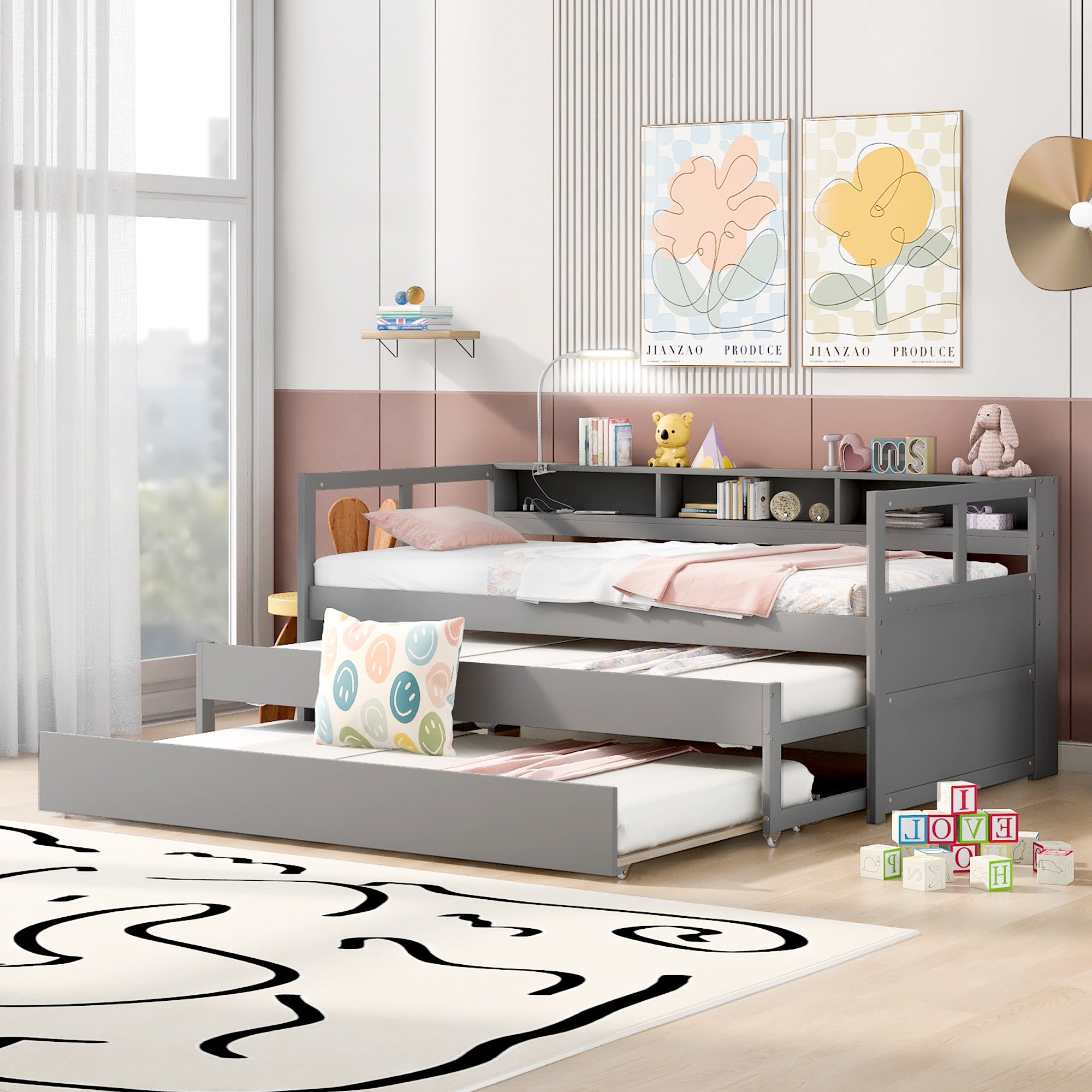 Twin XL Wood Daybed with 2 Trundles, 3 Storage Cubbies, 1 Light for Free and USB Charging Design, Gray - Atlantic Fine Furniture Melbourne FL