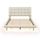 Full Size Velvet Platform Bed with LED Frame, Thick & Soft Fabric and Button-tufted Design Headboard, Beige