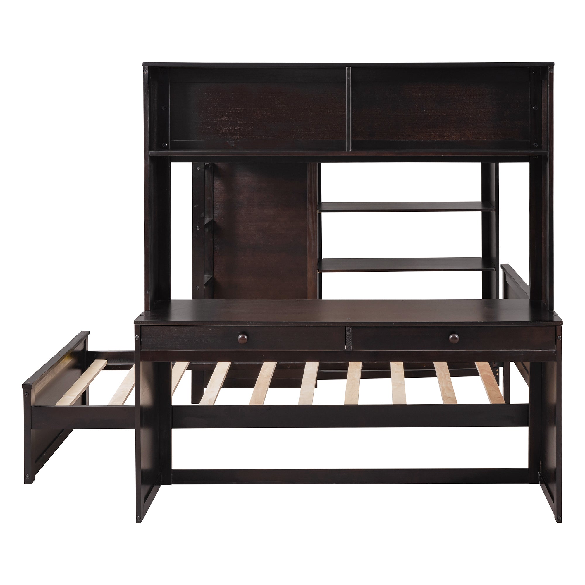 Full size Loft Bed with a twin size Stand-alone bed, Shelves,Desk,and Wardrobe-Espresso - Atlantic Fine Furniture Melbourne FL