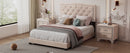 Full Size Upholstered Bed Frame with Rivet Design, Modern Velvet Platform Bed with Tufted Headboard,Beige
