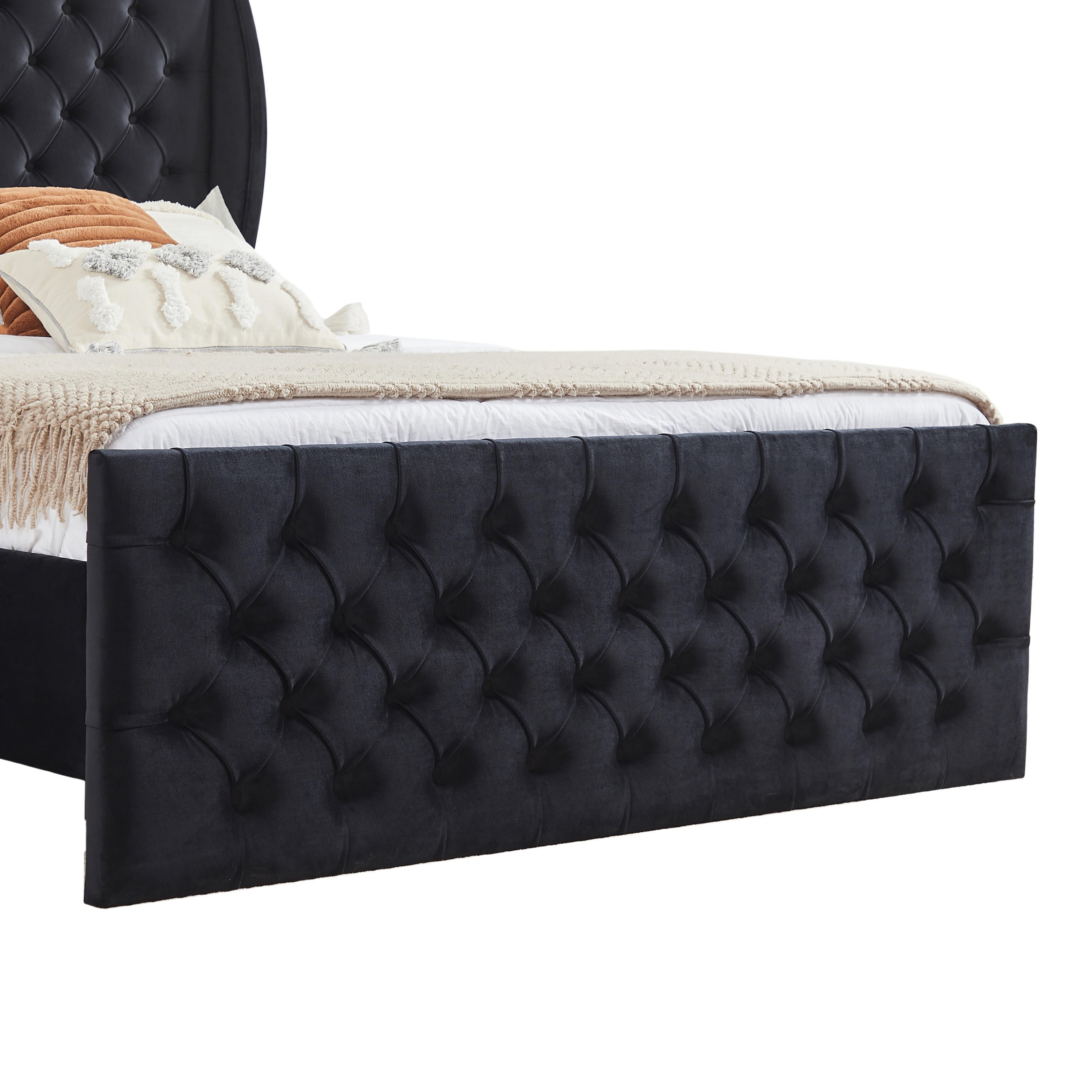 King Size Platform Bed Frame, Velvet Upholstered Sleigh Bed with Scroll Wingback Headboard & Footboard/Button Tufted/No Box Spring Required/Easy Assembly-Black - Atlantic Fine Furniture Melbourne FL