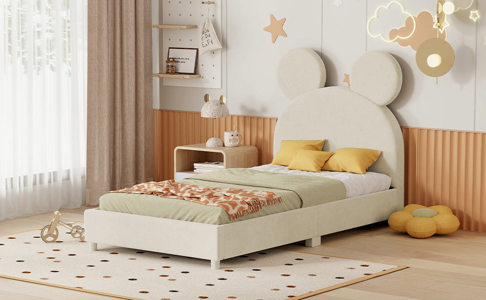 Twin Size Upholstered Platform Bed with Bear Ear Shaped Headboard, Beige - Atlantic Fine Furniture Melbourne FL