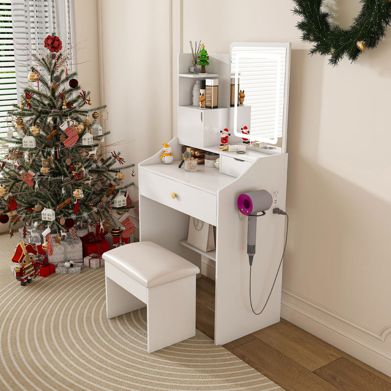 LED Vanity Mirror With Stool, 2 Drawers & 5 Storage Cabinets, Adjustable Lighting Mdf Dressing Table For Bedroom - White