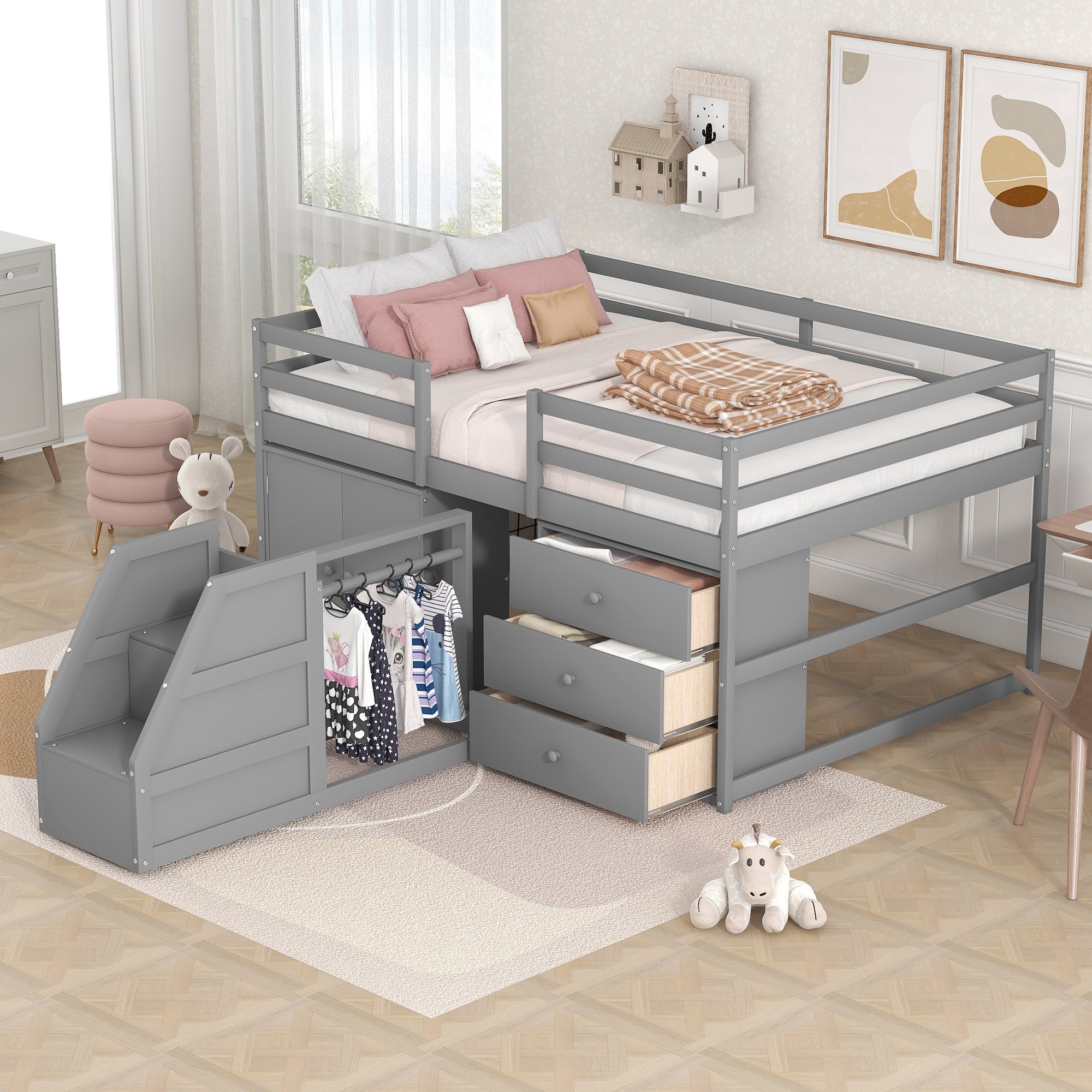 Full Size Functional Loft Bed with Cabinets and Drawers, Hanging Clothes at the back of the Staircase, Gray - Atlantic Fine Furniture Melbourne FL