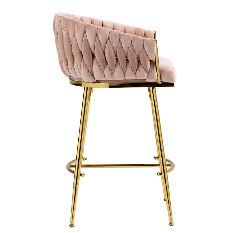 Counter Height Bar Stools (Set of 2) Kitchen Island Counter Bar Stool With Hand-Wave Back, Golden Chromed Base And Footrest - Pink