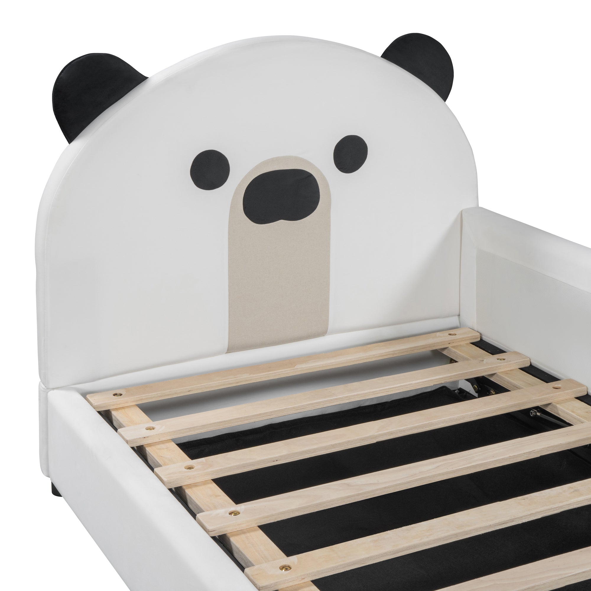 Twin Size Upholstered Daybed with Bear Shaped Headboard, Hydraulic System and Breathable Mesh Fence, White - Atlantic Fine Furniture Melbourne FL