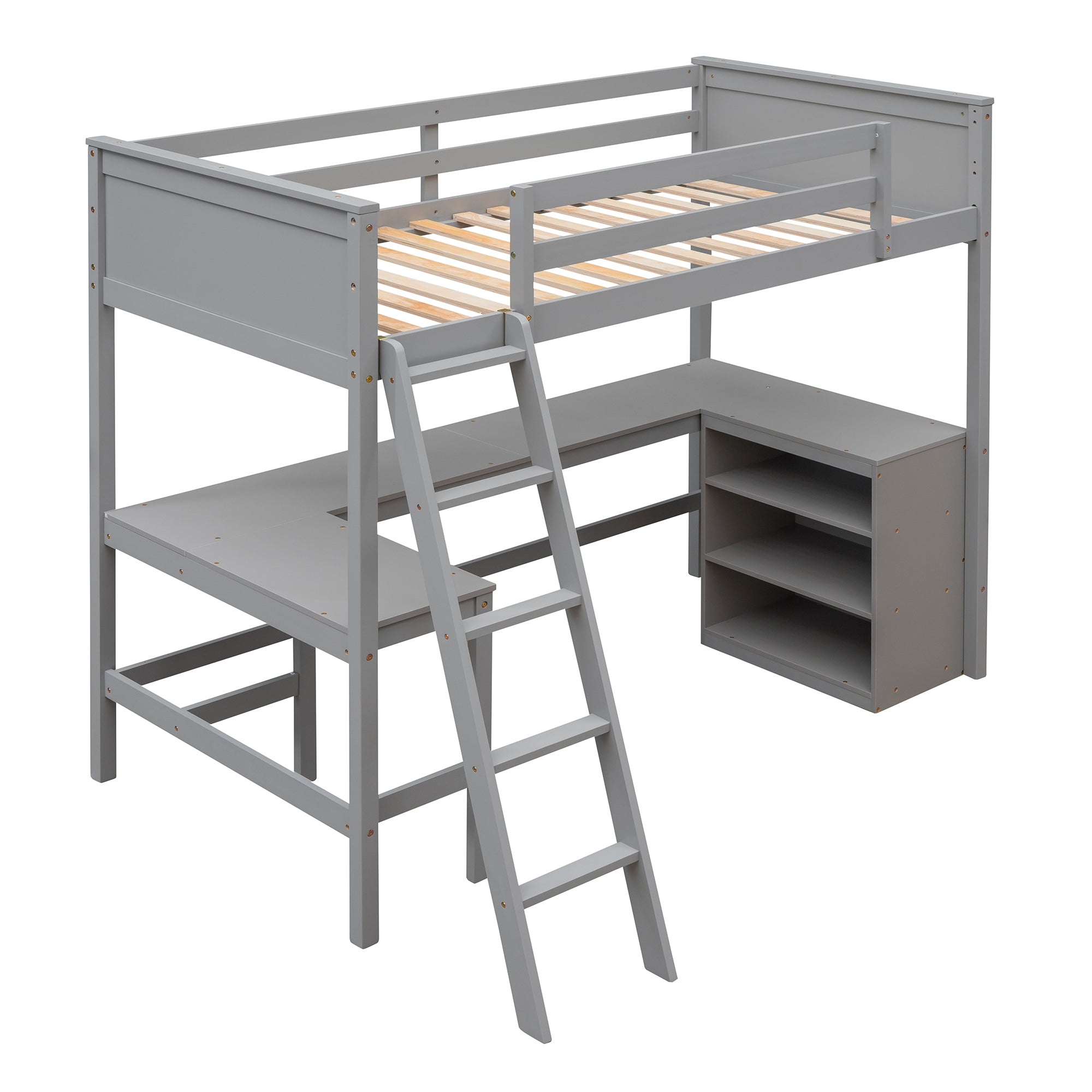 Twin size Loft Bed with Shelves and Desk, Wooden Loft Bed with Desk - Gray(OLD SKU:LT000537AAE) - Atlantic Fine Furniture Melbourne FL
