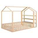 Full Size Wood House Bed with Fence and Detachable Storage Shelves, Natural