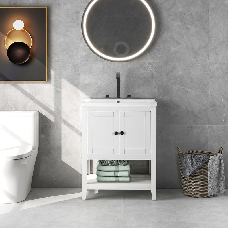 Modern Sleek Bathroom Vanity Elegant Ceramic Sink With Solid Wood Frame Open Style Shelf - White