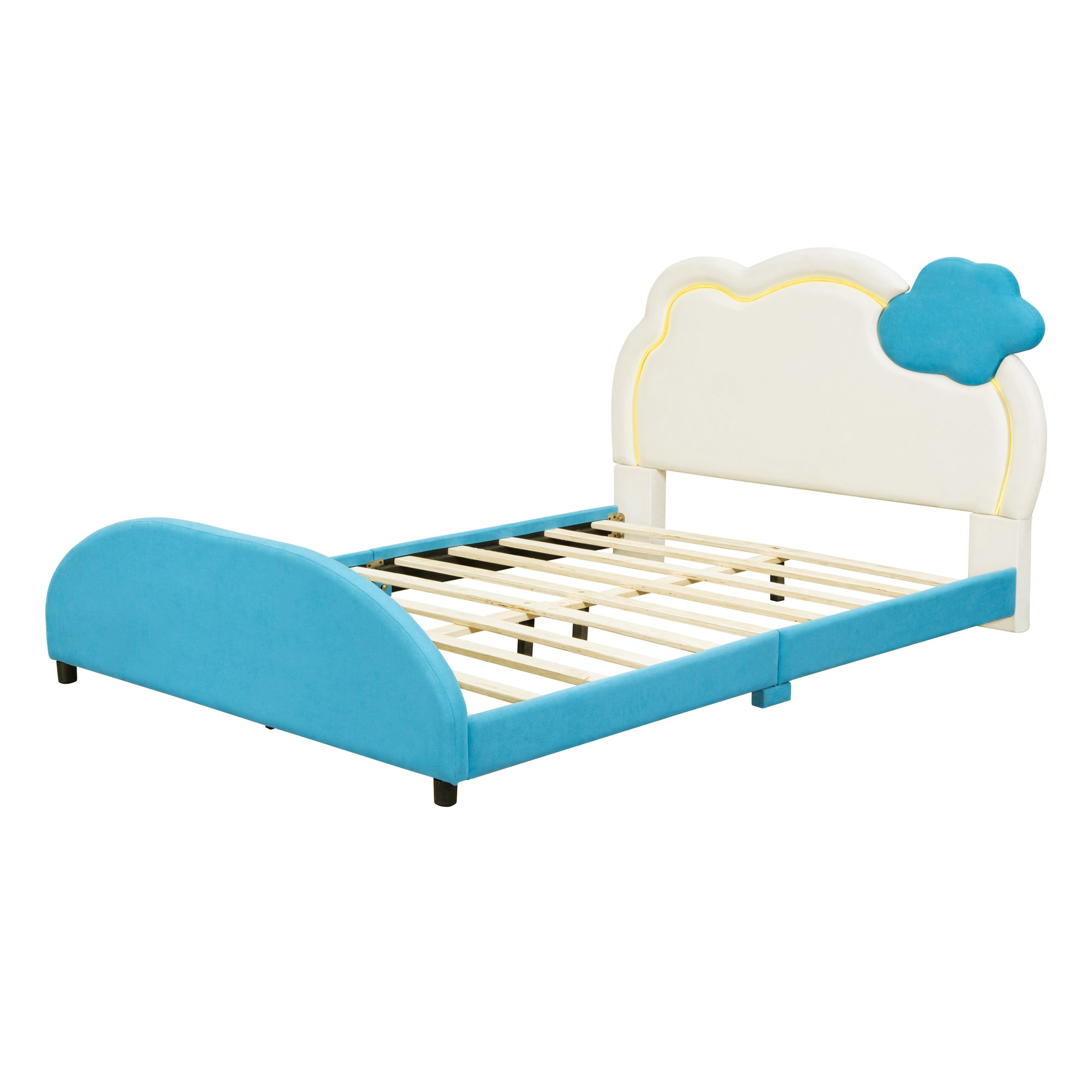 Full Size Upholstered Platform Bed with Cloud-Shaped Headboard and Embedded Light Stripe, Velvet, Blue - Atlantic Fine Furniture Melbourne FL