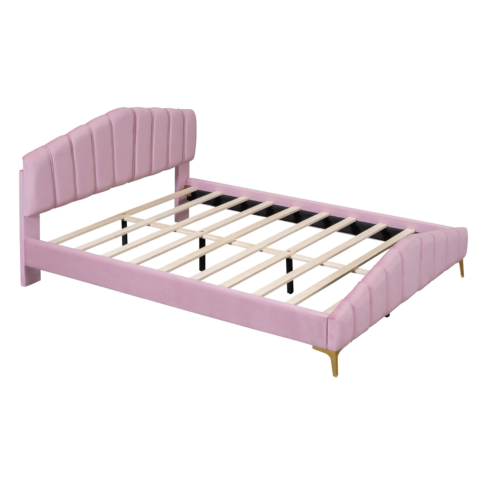 Queen Size Velvet Platform Bed with Thick Fabric, Stylish Stripe Decorated Bedboard and Elegant Metal Bed Leg, Pink - Atlantic Fine Furniture Melbourne FL