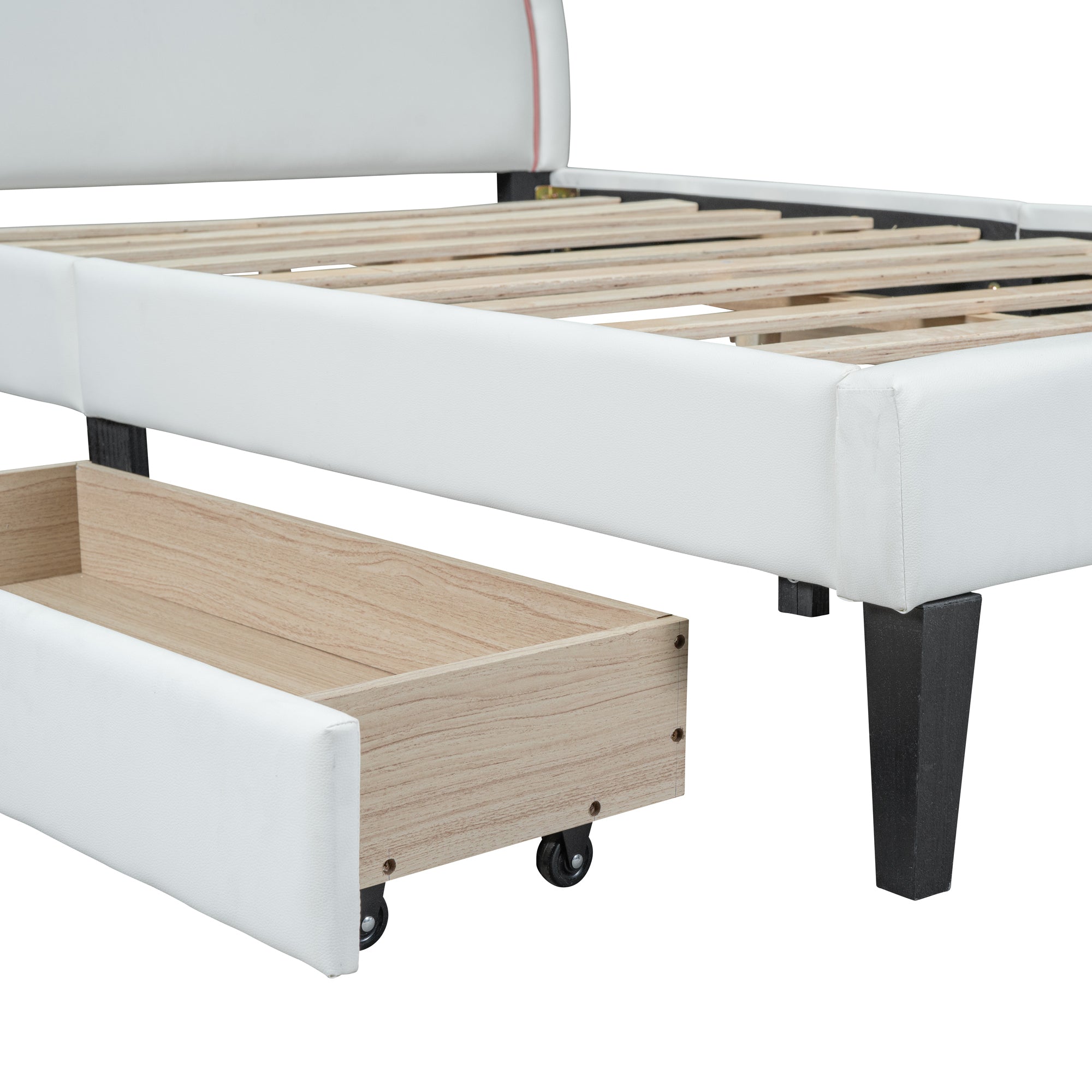 Full Size Upholstered Leather Platform Bed with Rabbit Ornament and 4 Drawers, White - Atlantic Fine Furniture Melbourne FL