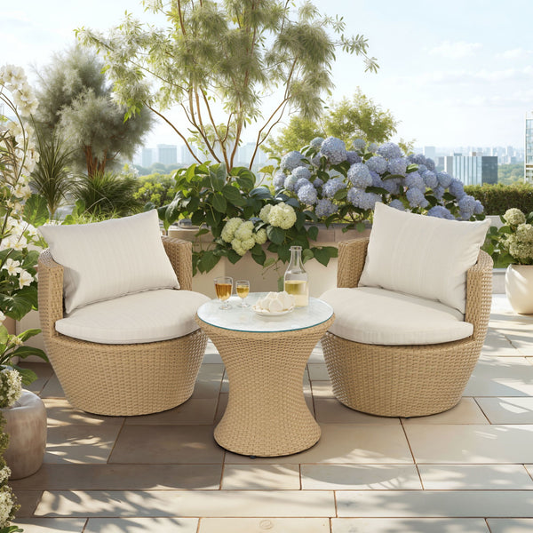 Kono - Outdoor Patio 3 Pieces Boho Chat Set - Beige / Light Brown