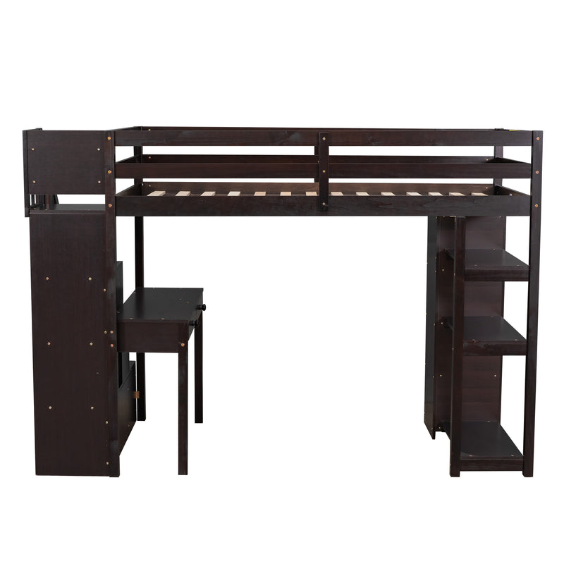 Twin size Loft Bed with Storage Drawers ,Desk and Stairs, Wooden Loft Bed with Shelves - Espresso