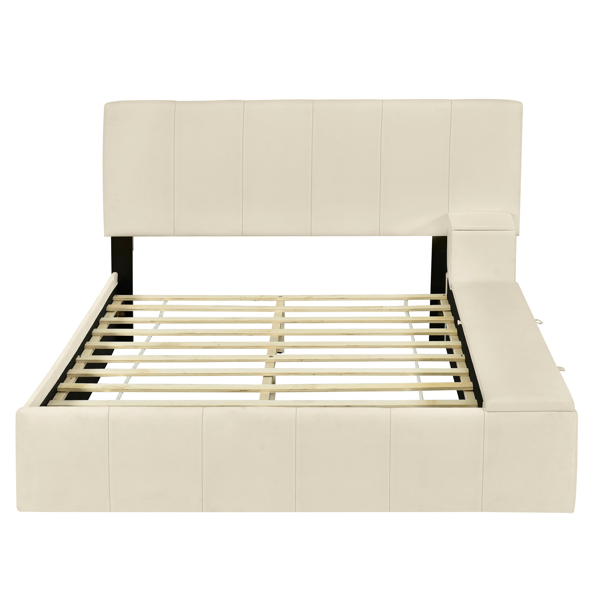 Full Size Upholstered Platform Bed with Lateral Storage Compartments and Thick Fabric, Velvet, Beige - Atlantic Fine Furniture Melbourne FL