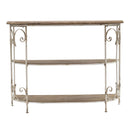 3 Tiered Wooden Shelving Unit With Ornate Iron Frame - Multicolor