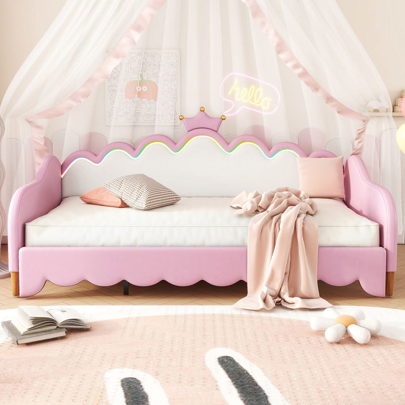 Extending Daybed With LED Lights, Modern Upholstered Princess Daybed With Crown Headboard