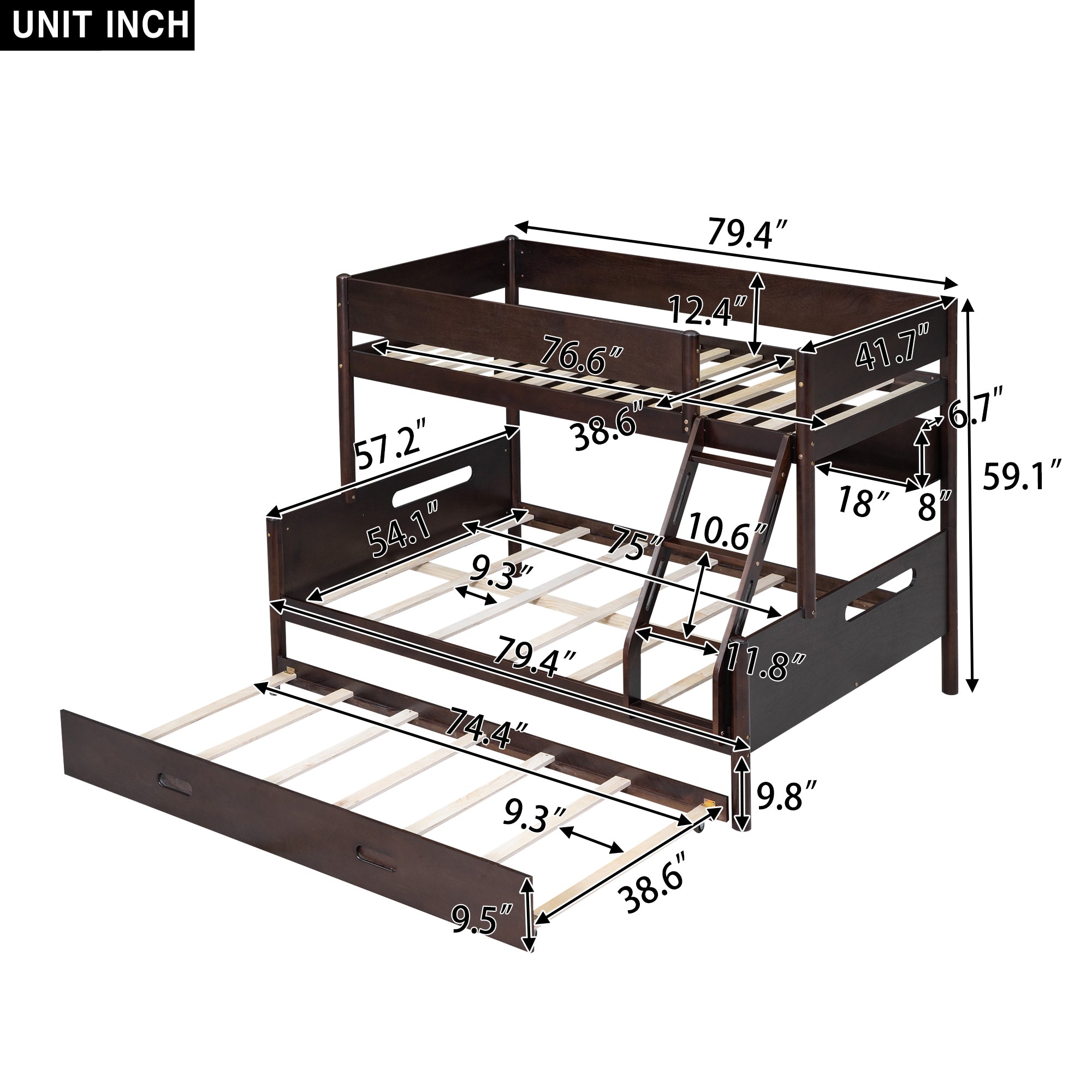 Wood Twin over Full Bunk Bed with Storage Shelves and Twin Size Trundle, Espresso - Atlantic Fine Furniture Melbourne FL