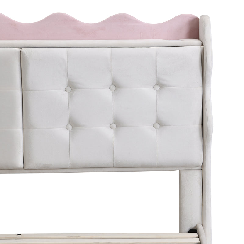 Full Size Upholstery Platform Bed Frame with LED Light Strips,Headboard Storage Space and Two USB Charging Deisgn,Beige