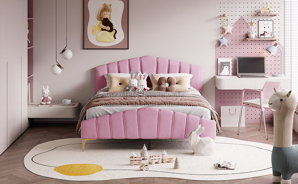 Queen Size Velvet Platform Bed with Thick Fabric, Stylish Stripe Decorated Bedboard and Elegant Metal Bed Leg, Pink - Atlantic Fine Furniture Melbourne FL