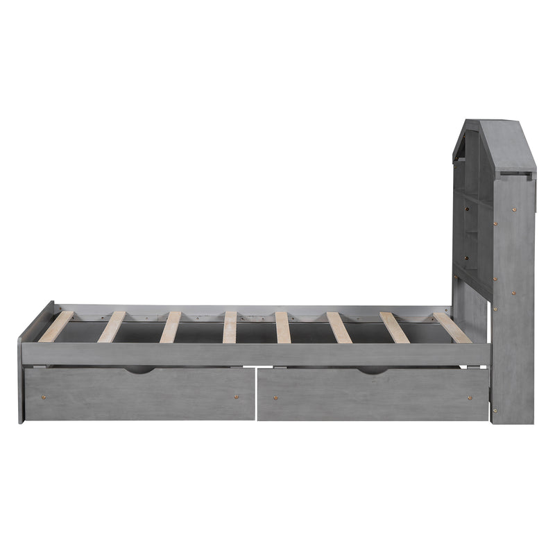 Twin Size Wood Platform Bed with House-shaped Storage Headboard and 2 Drawers, Gray