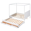 Queen Size Canopy Platform Bed with Twin Size Trundle and Three Storage Drawers,White